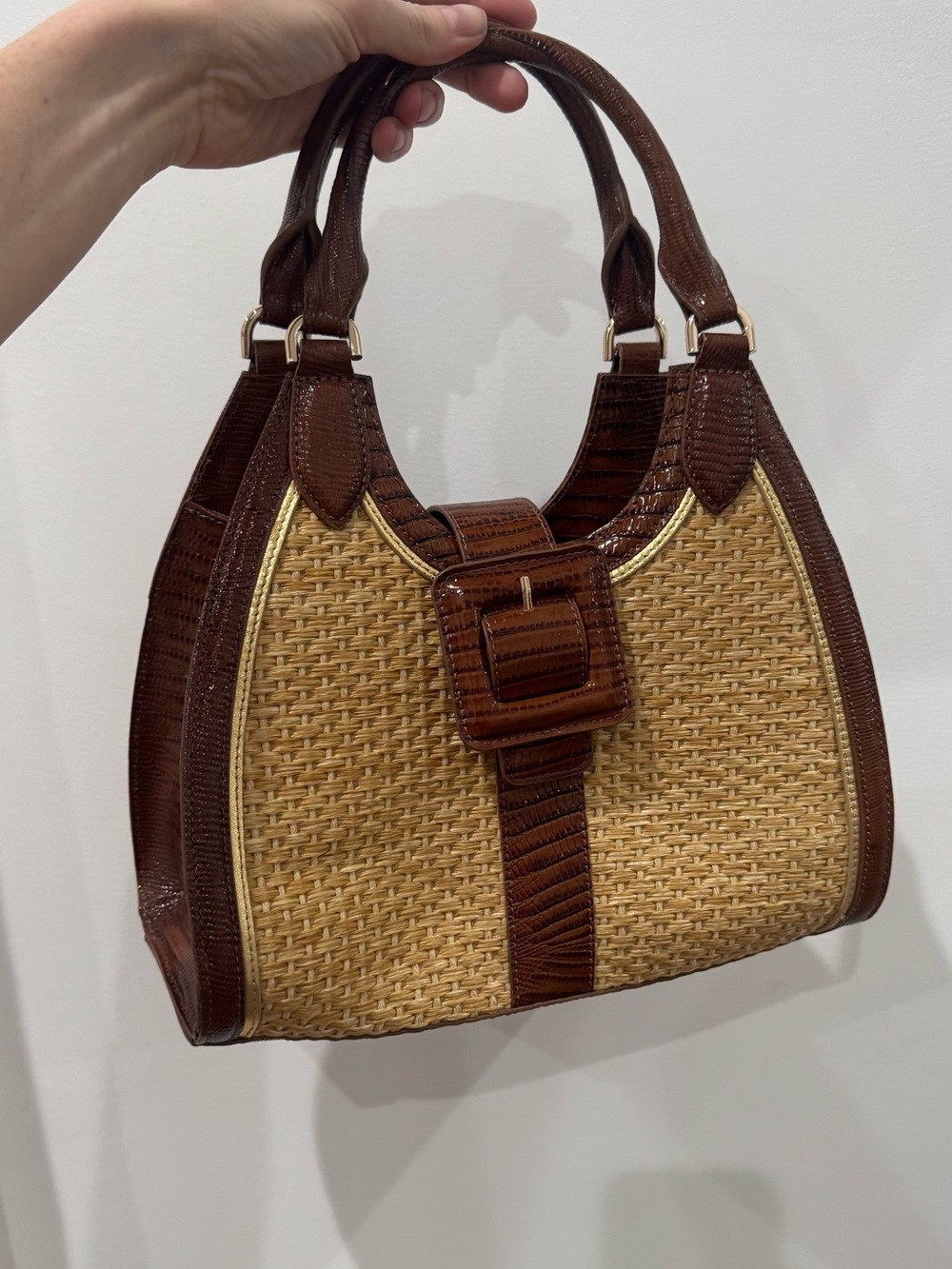 NWT Brahmin Adrian Jardim satchel bag with raffia and croc-embossed leather - Picture 3 of 9